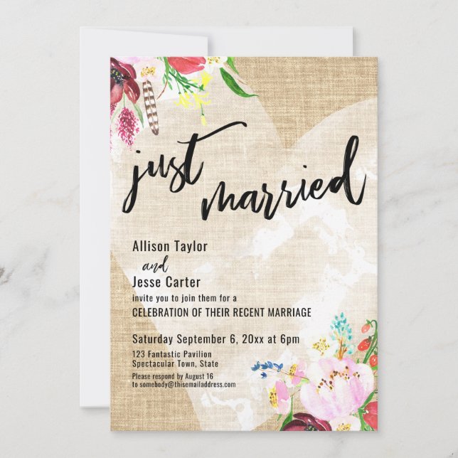 Heart Boho Flowers Burlap Just Married Reception Invitation (Front)