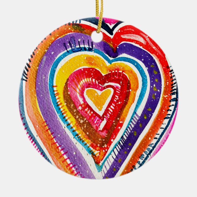 Heart boho watercolor art ceramic ornament (Front)