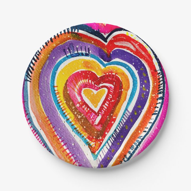 Heart boho watercolor art paper plate (Front)