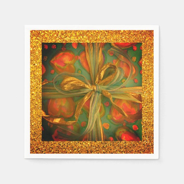 Heart bow red green glitter look present design napkin (Front)