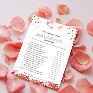 Heart Bride & groom trivia bridal shower game Card