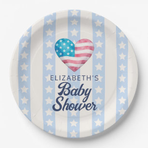 Heart & Bue Stars Stripes Boy Baby Shower Paper Plate