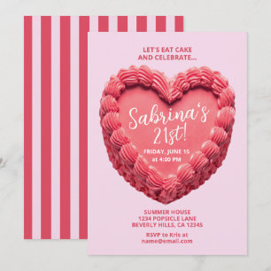 Heart Cake 21st Birthday Invitation (pink/red)