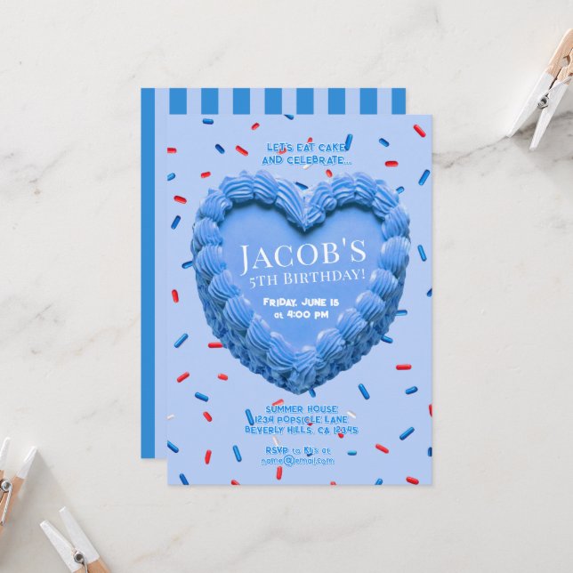 Heart Cake Birthday Invitation (blue) (Front/Back In Situ)
