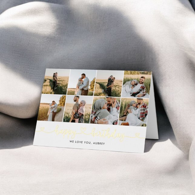 Heart Calligraphy 13 Photo Happy Birthday Foil Greeting Card (Creator Uploaded)