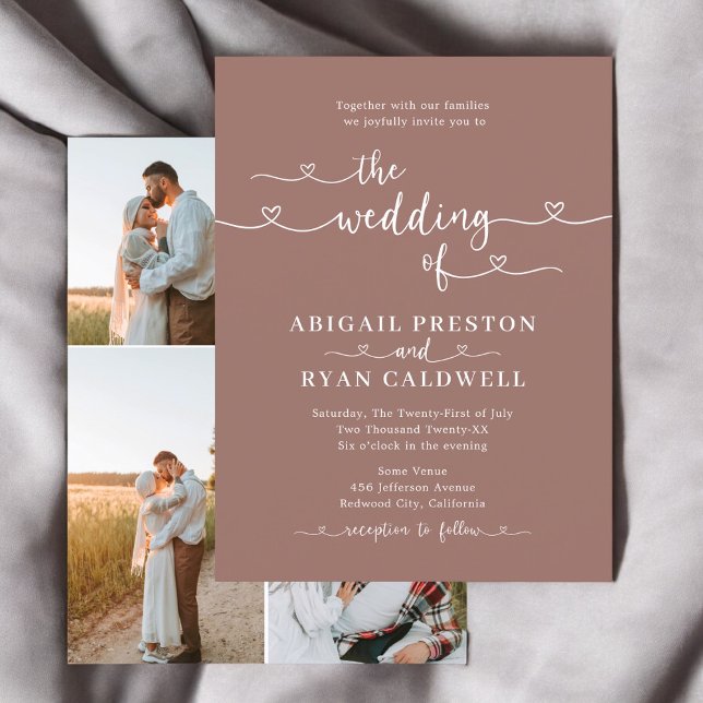 Heart Calligraphy 4 Photo Brown Budget Wedding Postcard (Creator Uploaded)