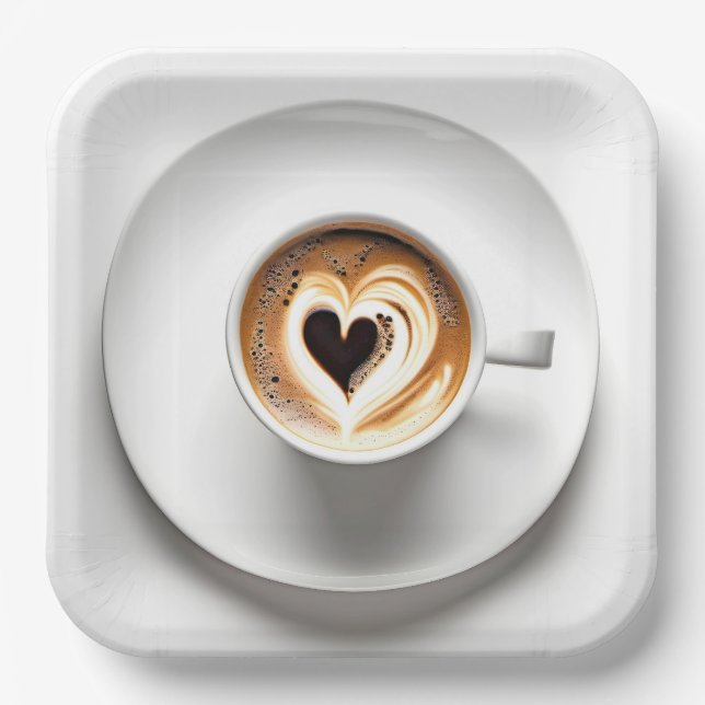 Heart Cappuccino In White Coffee Cup Paper Plate (Front)