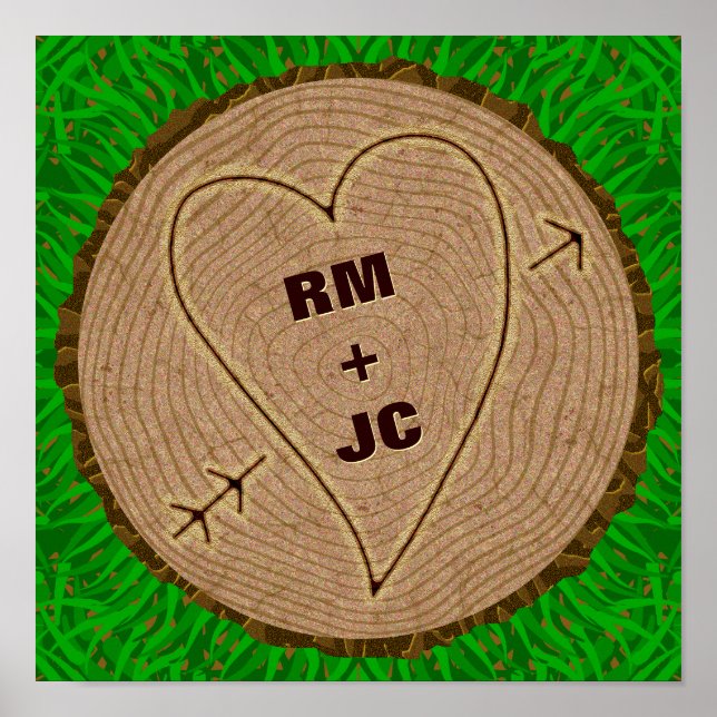 Heart Carved Initials Wood Tree Rings Personalised Poster (Front)