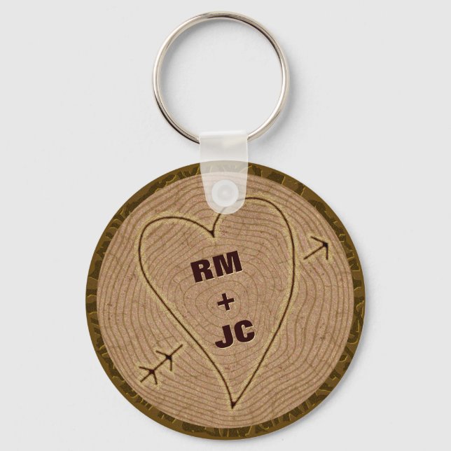 Heart Carved Initials Wood Tree Rings Personalized Key Ring (Front)