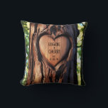 Heart Carved Names Date Wood Tree Trunk  Cushion<br><div class="desc">Introducing our Personalised Heart-Carved Oak Tree Throw Pillow—a beautiful home decor accent and a sentimental keepsake perfect for couples celebrating their love. This rustic design throw pillow features a beautifully detailed design of a heart carved into an oak tree trunk, personalised with the couple's names and their special date, be...</div>
