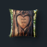 Heart Carved Names Date Wood Tree Trunk  Cushion<br><div class="desc">Introducing our Personalised Heart-Carved Oak Tree Throw Pillow—a beautiful home decor accent and a sentimental keepsake perfect for couples celebrating their love. This rustic design throw pillow features a beautifully detailed design of a heart carved into an oak tree trunk, personalised with the couple's names and their special date, be...</div>