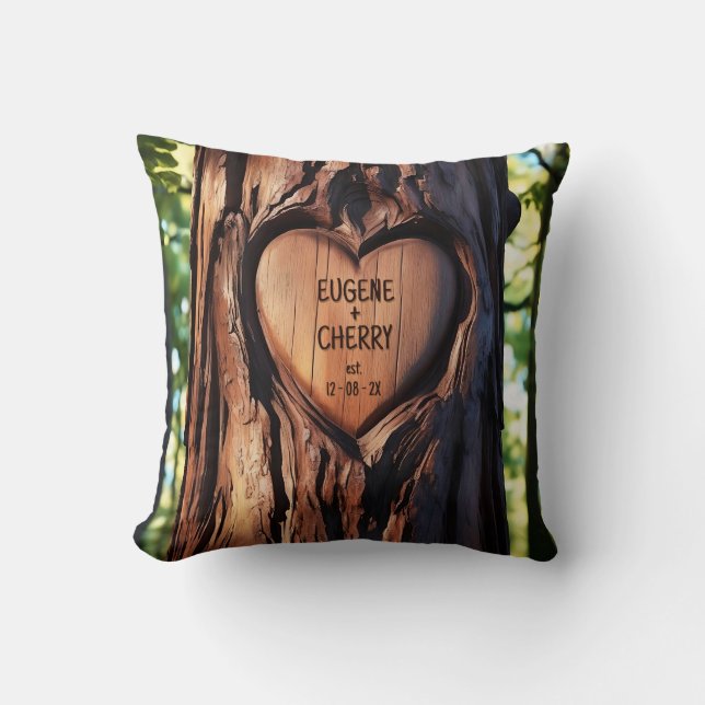 Heart Carved Names Date Wood Tree Trunk  Cushion (Front)