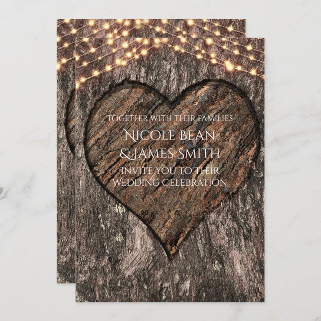 Heart Carved Tree Trunk Rustic Wedding Invitations (Front/Back)