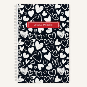 Heart Chalk Doodle and Love Pattern Cute Black Notebook
