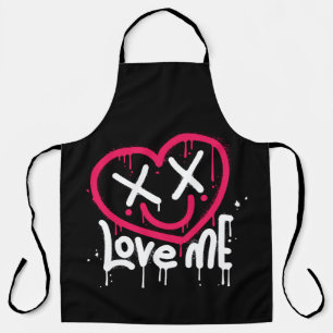 heart character with dead eyes and smile sprayed apron