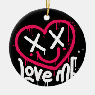 heart character with dead eyes and smile sprayed ceramic ornament