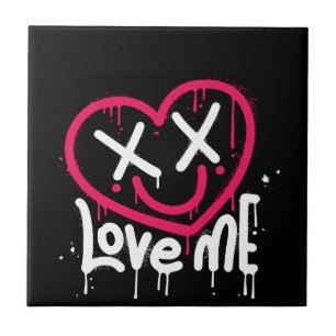 heart character with dead eyes and smile sprayed ceramic tile