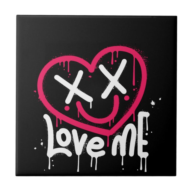 heart character with dead eyes and smile sprayed ceramic tile (Front)