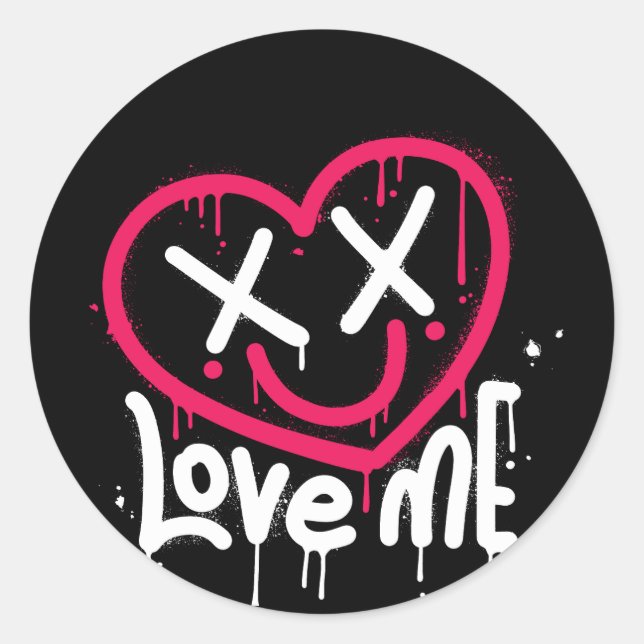heart character with dead eyes and smile sprayed classic round sticker (Front)