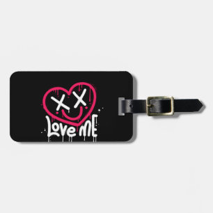 heart character with dead eyes and smile sprayed luggage tag