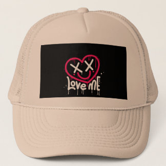 heart character with dead eyes and smile sprayed trucker hat