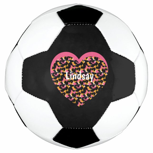 Heart Cheetah Animal Print Monogram Name Soccer Ball (Front)
