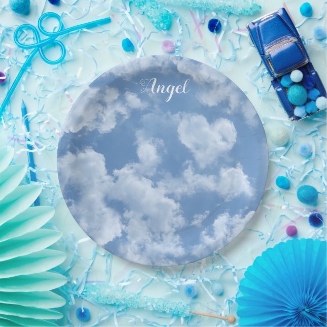 Heart Cloud Sky Cute Modern Blue Custom Wedding Paper Plate (Party)