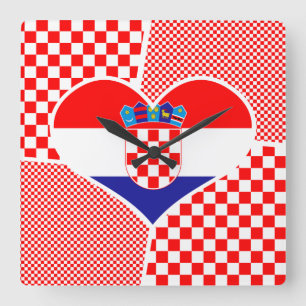 Heart Collage Croatian Flag With Checkers Square Wall Clock