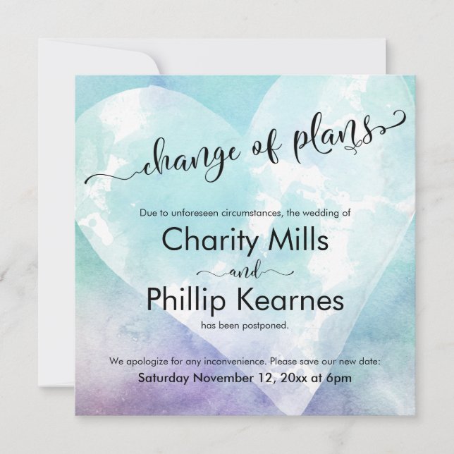 Heart Colourful Postponed Wedding Change of Plans (Front)