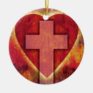 Heart cross ceramic ornament