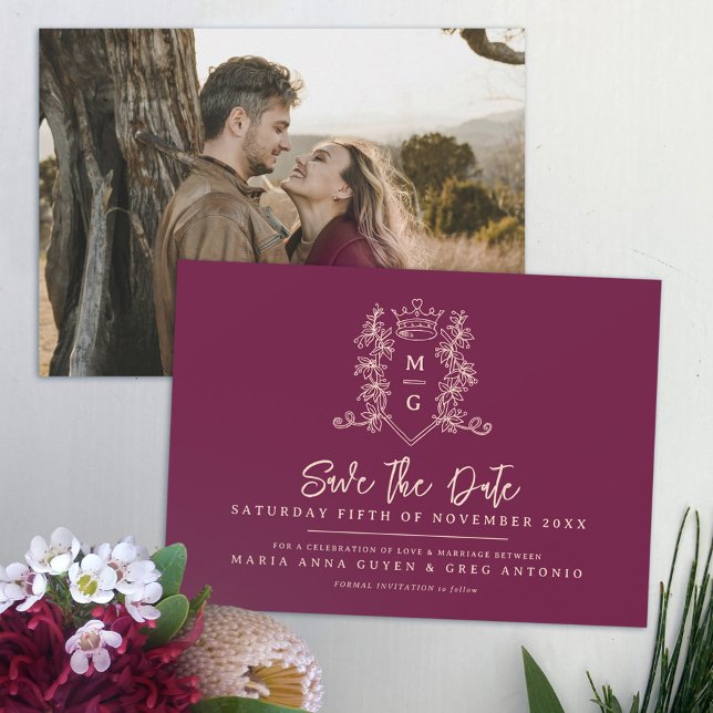 Heart crown crest wine red peach photo wedding save the date (Creator Uploaded)