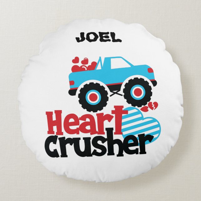 HEART CRUSHER TRUCK PERSONALIZED THROW PILLOW! ROUND CUSHION (Front)