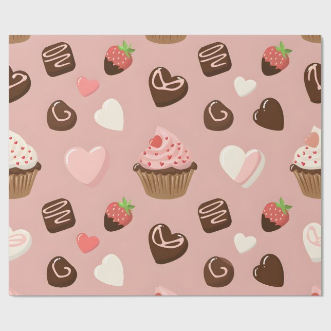 Heart Cupcake Chocolate Valentine Wrapping Paper (Flat)