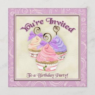 Heart Cupcake Trio Birthday Party Invitation