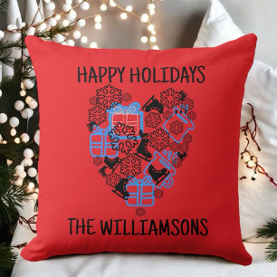 Heart cute Christmas doodle red black monogram Cushion