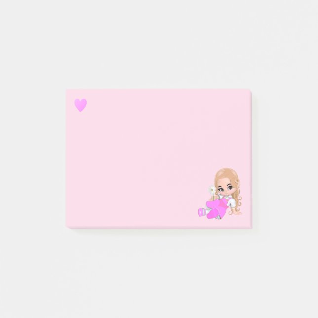 Heart & Cute Fairy with Daisy on Light Pink Post-it Notes (Front)