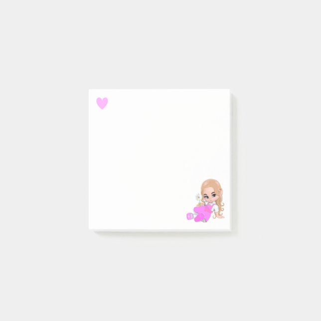 Heart & Cute Fairy with Daisy on White Post-it Notes (Front)
