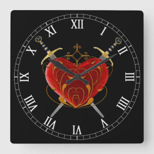 Heart & Daggers Square Roman Numerals Clock