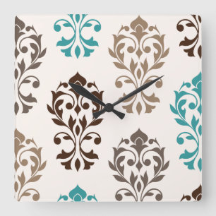 Heart Damask Art I Browns Teal Cream Square Wall Clock