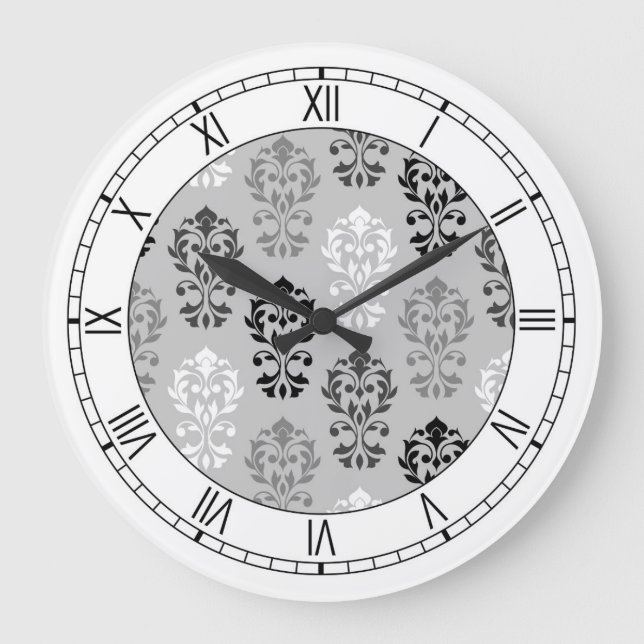 Heart Damask Art I Ptn BGW & Numerals Large Clock (Front)