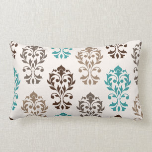 Heart Damask Art Ib Browns Teal Cream Lumbar Cushion