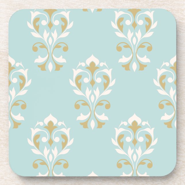 Heart Damask Big Ptn Cream & Gold on Blue Coaster (Front)