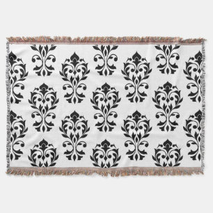 Heart Damask Big Ptn II Black on White Throw Blanket
