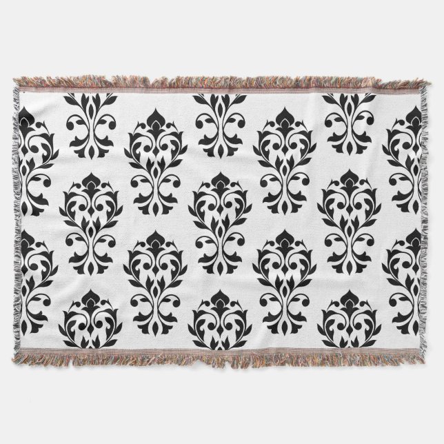 Heart Damask Big Ptn II Black on White Throw Blanket (Front)