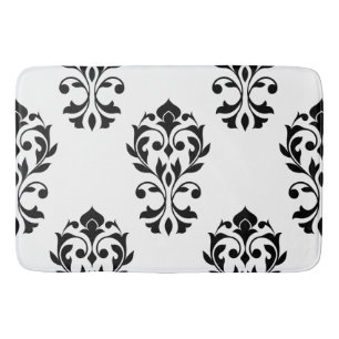 Heart Damask Lg Ptn Black on White Bath Mat