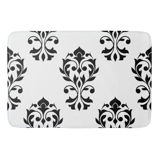 Heart Damask Lg Ptn Black on White Bath Mat (Front)