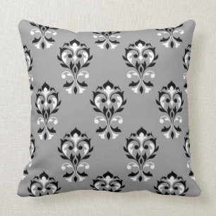 Heart Damask Ptn Black & White on Grey Cushion