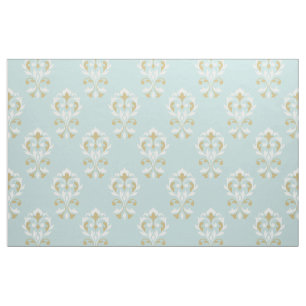 Heart Damask Rpt Ptn Cream & Gold on Blue Fabric