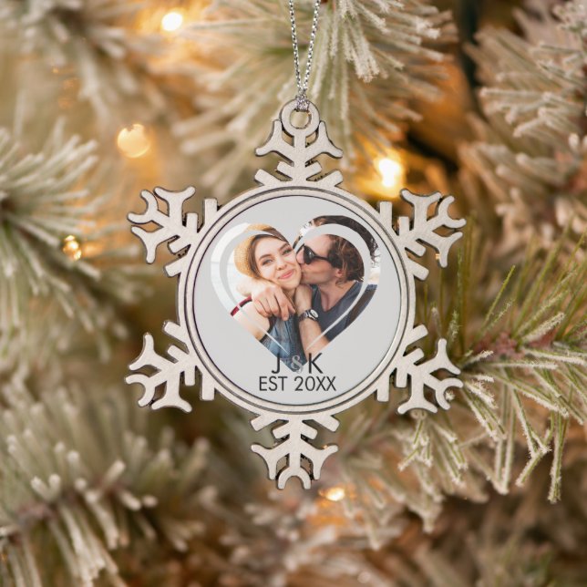 Heart Dating Couple Girlfriend Boyfriend Photo  Snowflake Pewter Christmas Ornament (Tree)