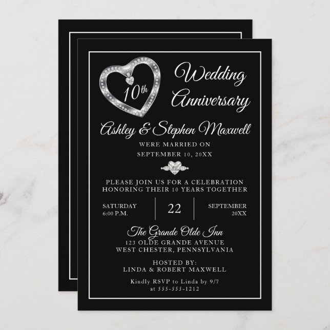 Heart Diamonds 10th Wedding Anniversary Party Invitation (Front/Back)